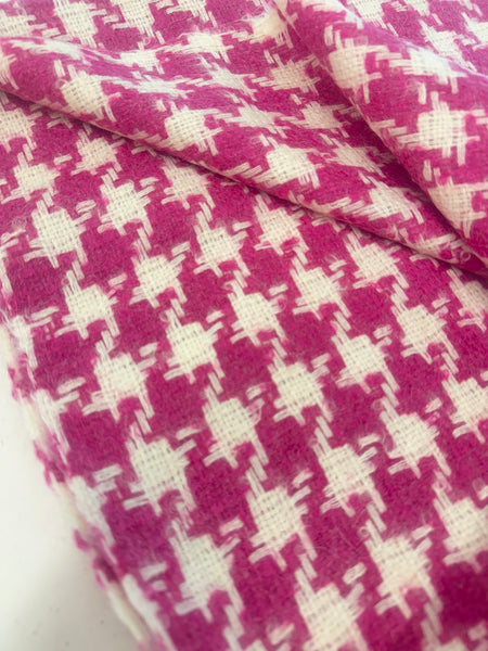 Oversized Houndstooth Wool Mohair Mix Boucle Tweed White And Magenta Pink